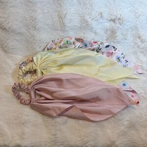 Set of 3 Satin Hair Scarf Scrunchies Floral Butterfly Pink Yellow Bundle Accesso